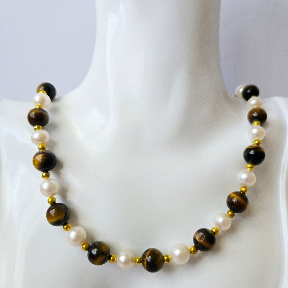 White Freshwater Pearl Necklace & Brown Tiger's Eye Gold Tone Beads 16" Boho